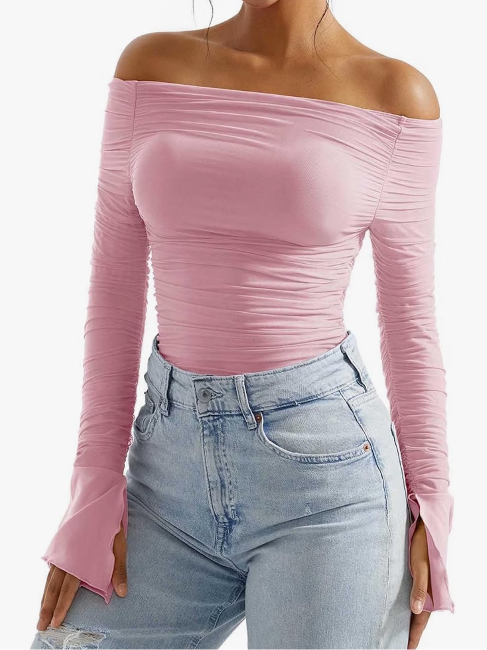 Y2K Pink Off-Shoulder Long Sleeve Top